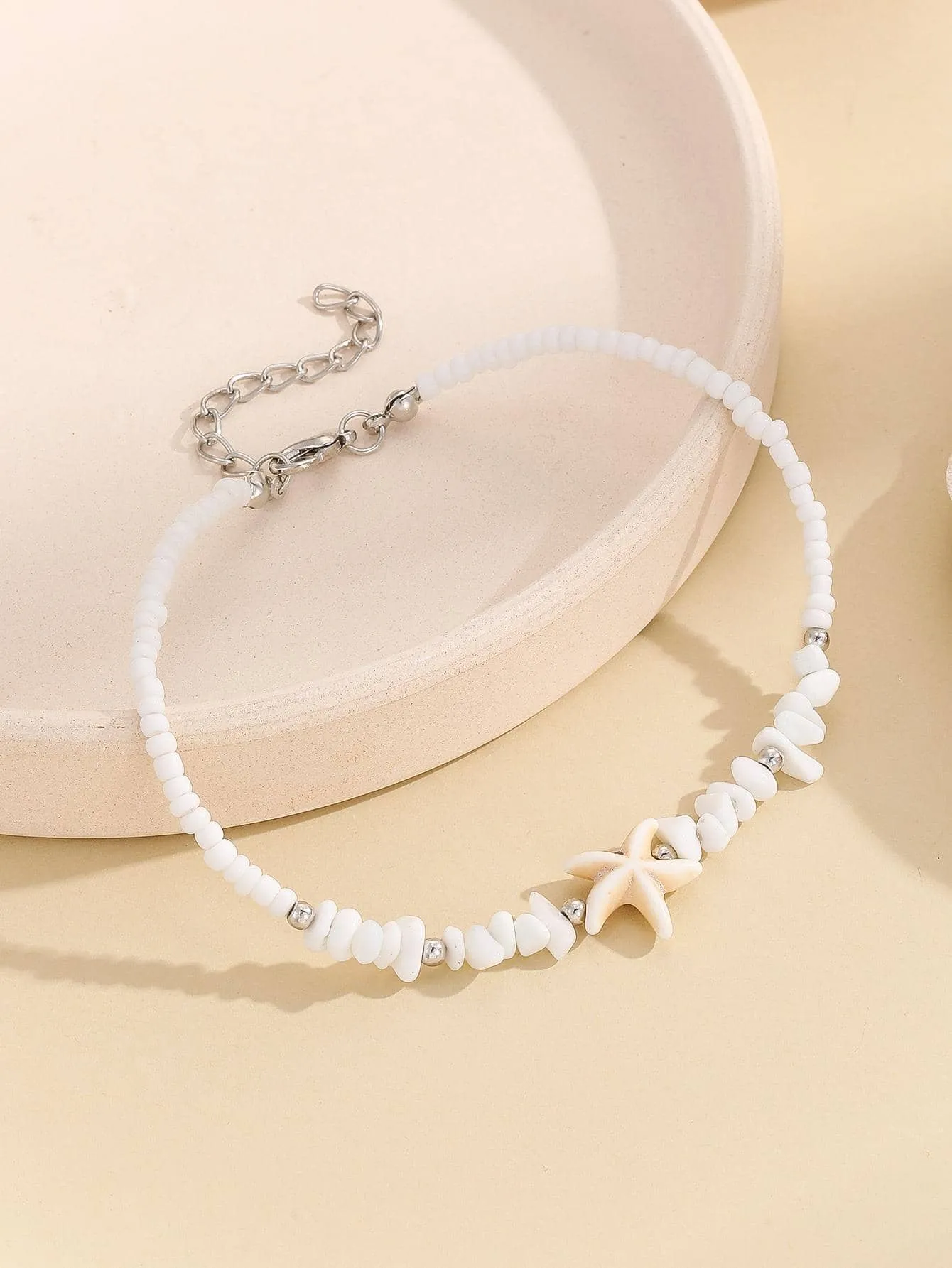 1pc Vacation Starfish Decor White Stone Beaded Anklet For Women For Beach Travel