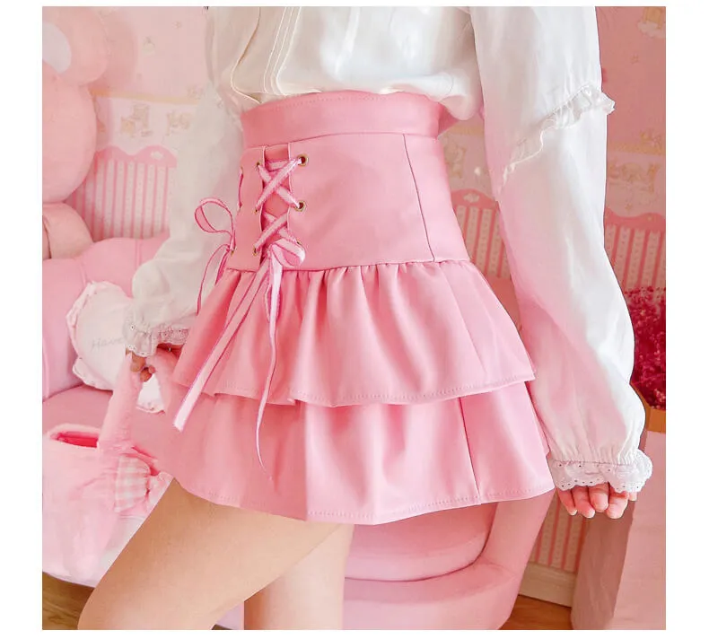 2023 New Japanese Cute PU Leather Skirt High Waist Strap Short Skirt BY9153