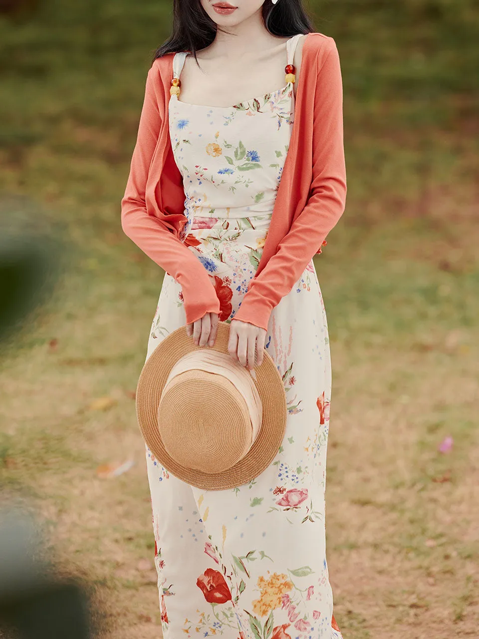 2PS White Floral Print Spaghetti Strap Dress With Orange Shawl Dress Suit