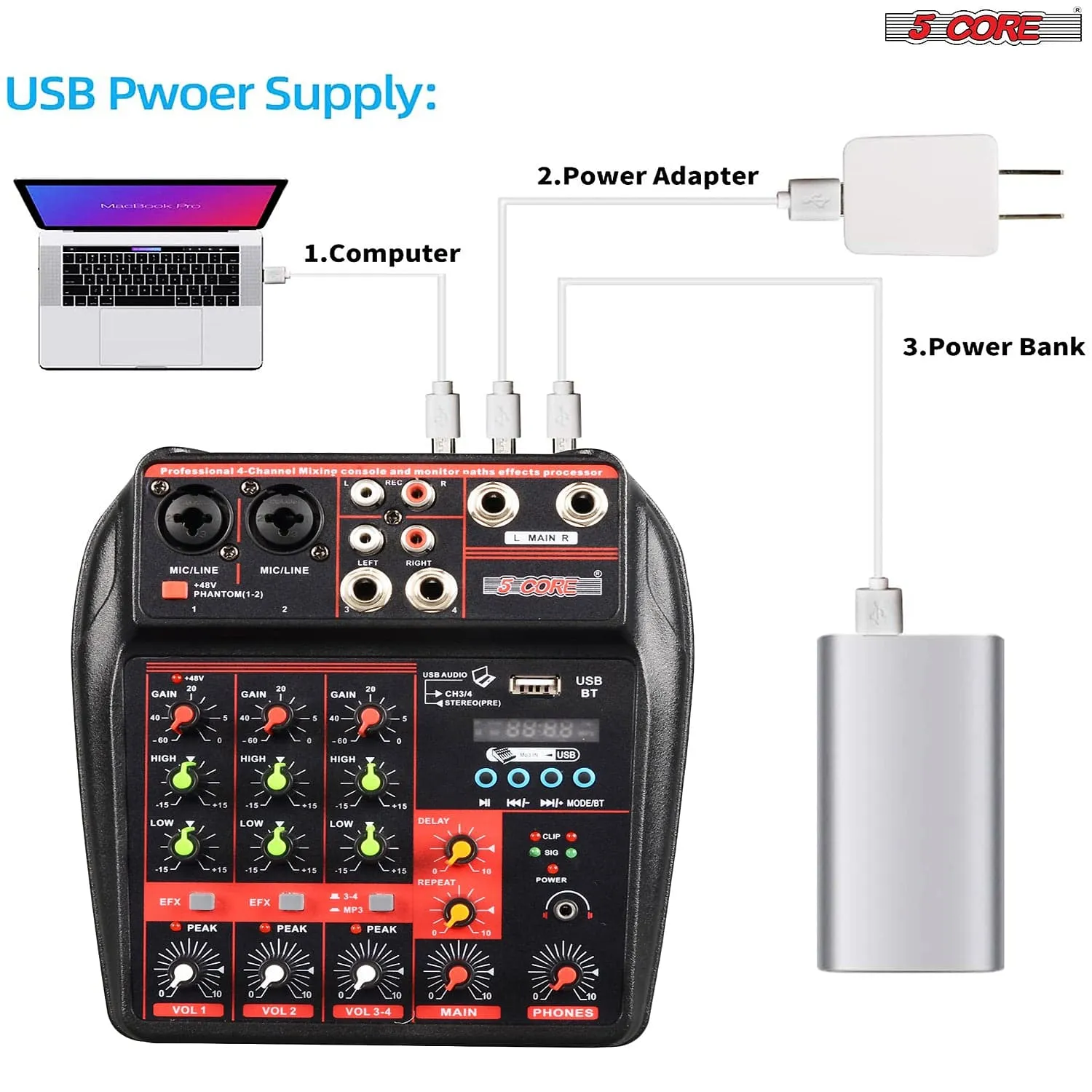 4 Channel Mini Audio Mixer Bluetooth USB DJ Console  Sound Card Studio