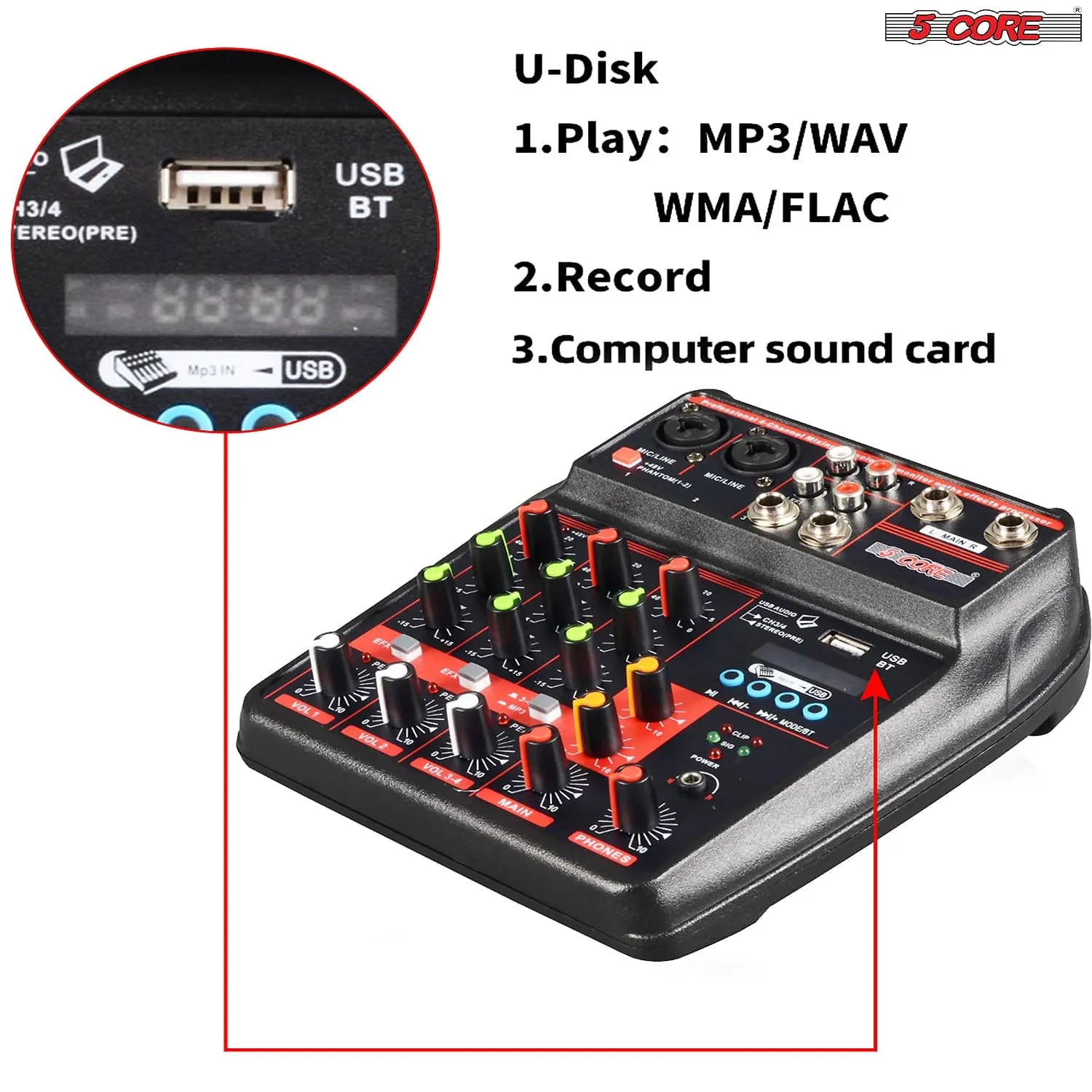 4 Channel Mini Audio Mixer Bluetooth USB DJ Console  Sound Card Studio