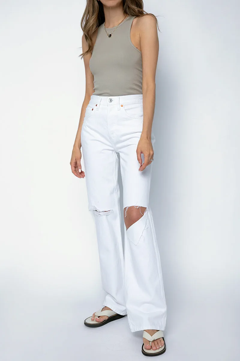 90s High Rise Loose Jean in White with Rips