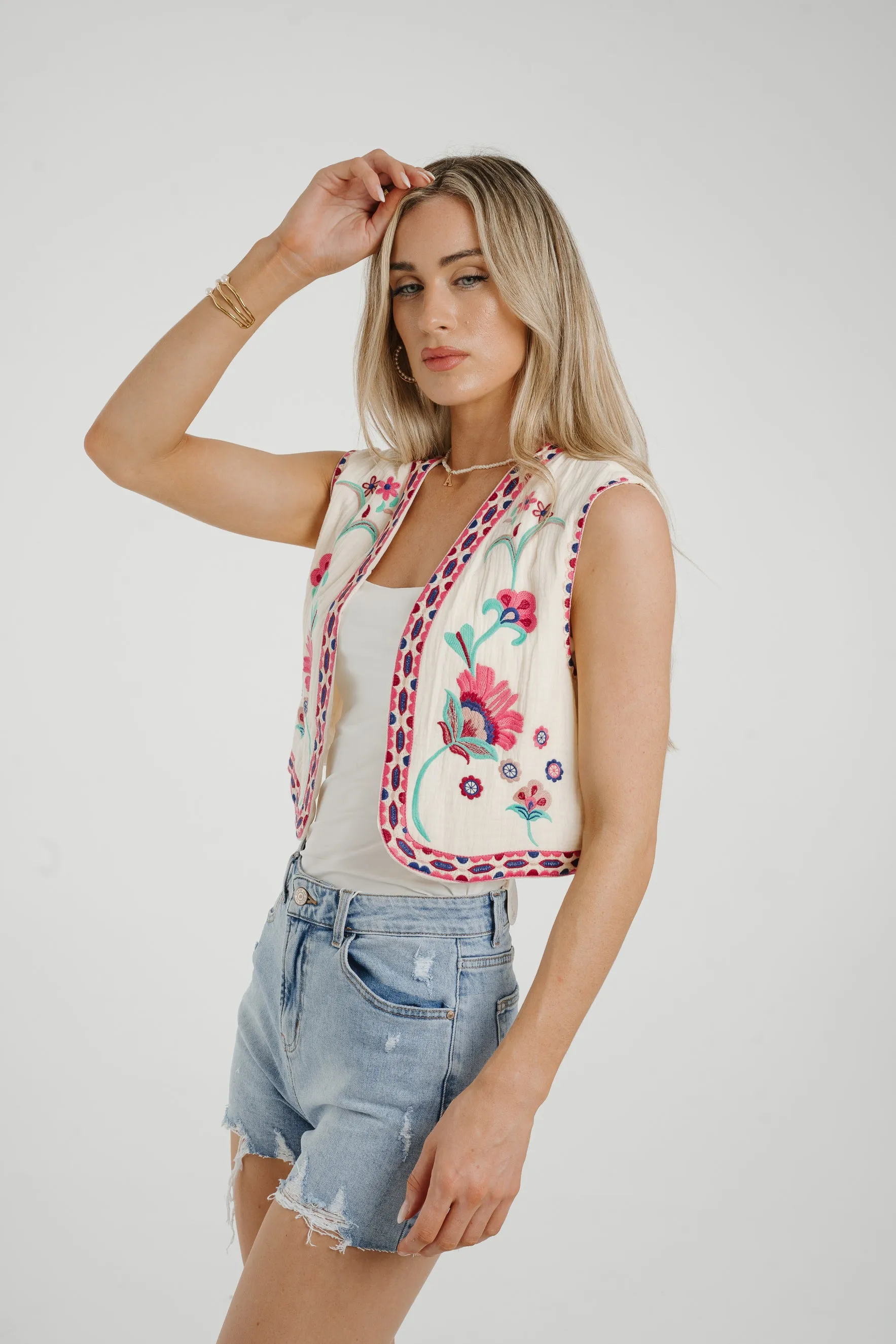 Ally Embroidered Waistcoat In Pink Mix