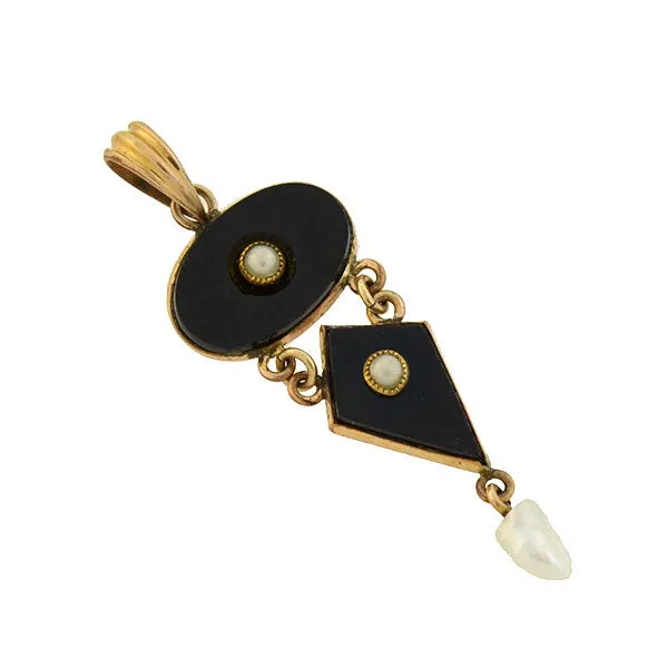 Art Deco 10kt Gold Petite Onyx Pearl Pendant