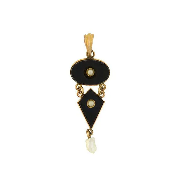 Art Deco 10kt Gold Petite Onyx Pearl Pendant