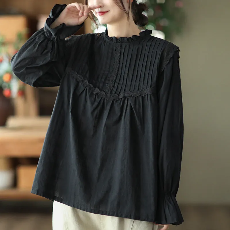 Autumn Pure Loose Ruffle Collar Cotton T-Shirt For Women