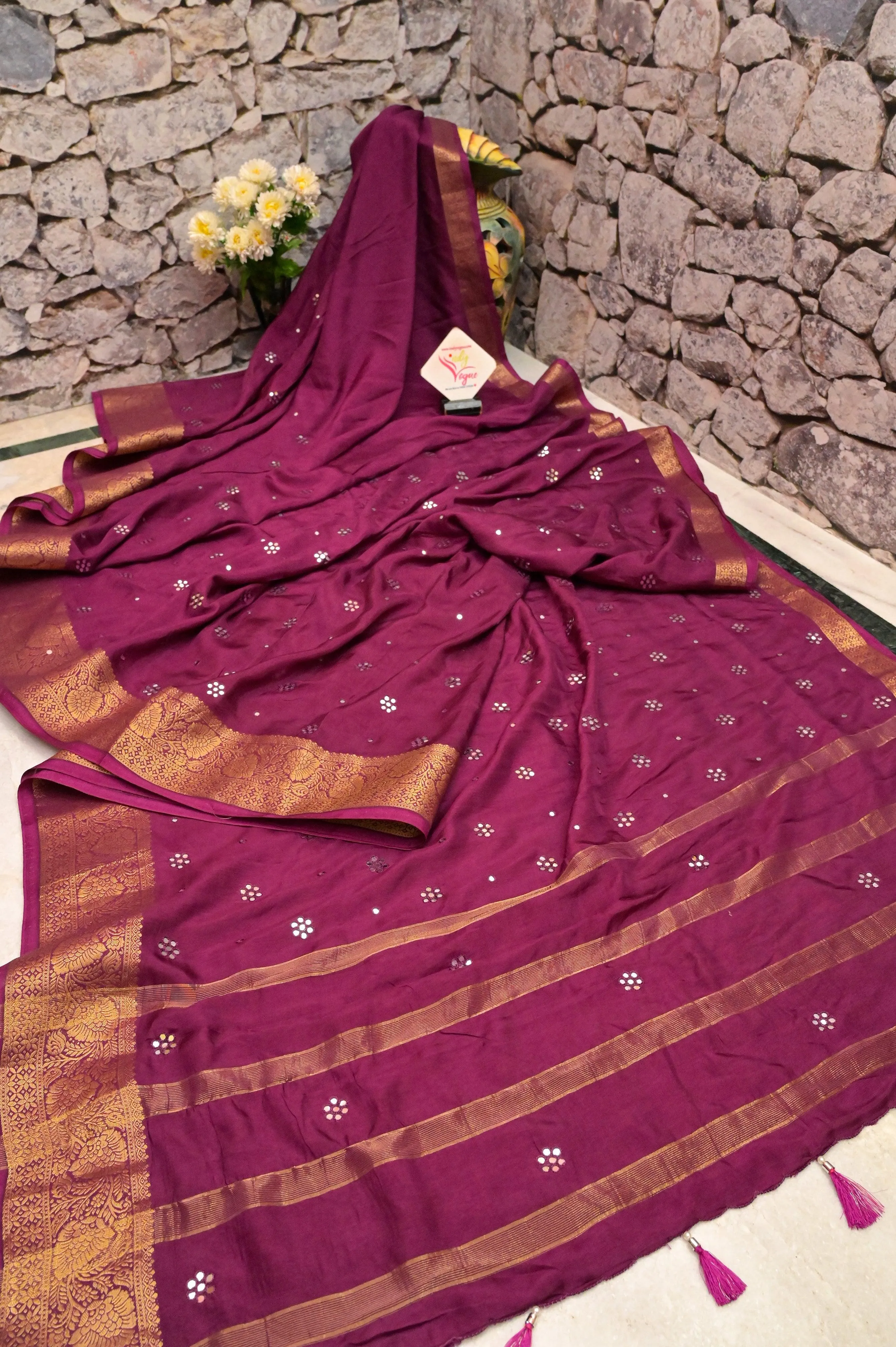 Beetroot Color Chinon Silk Banarasi Saree with Zari Border and Hand Mirror Work