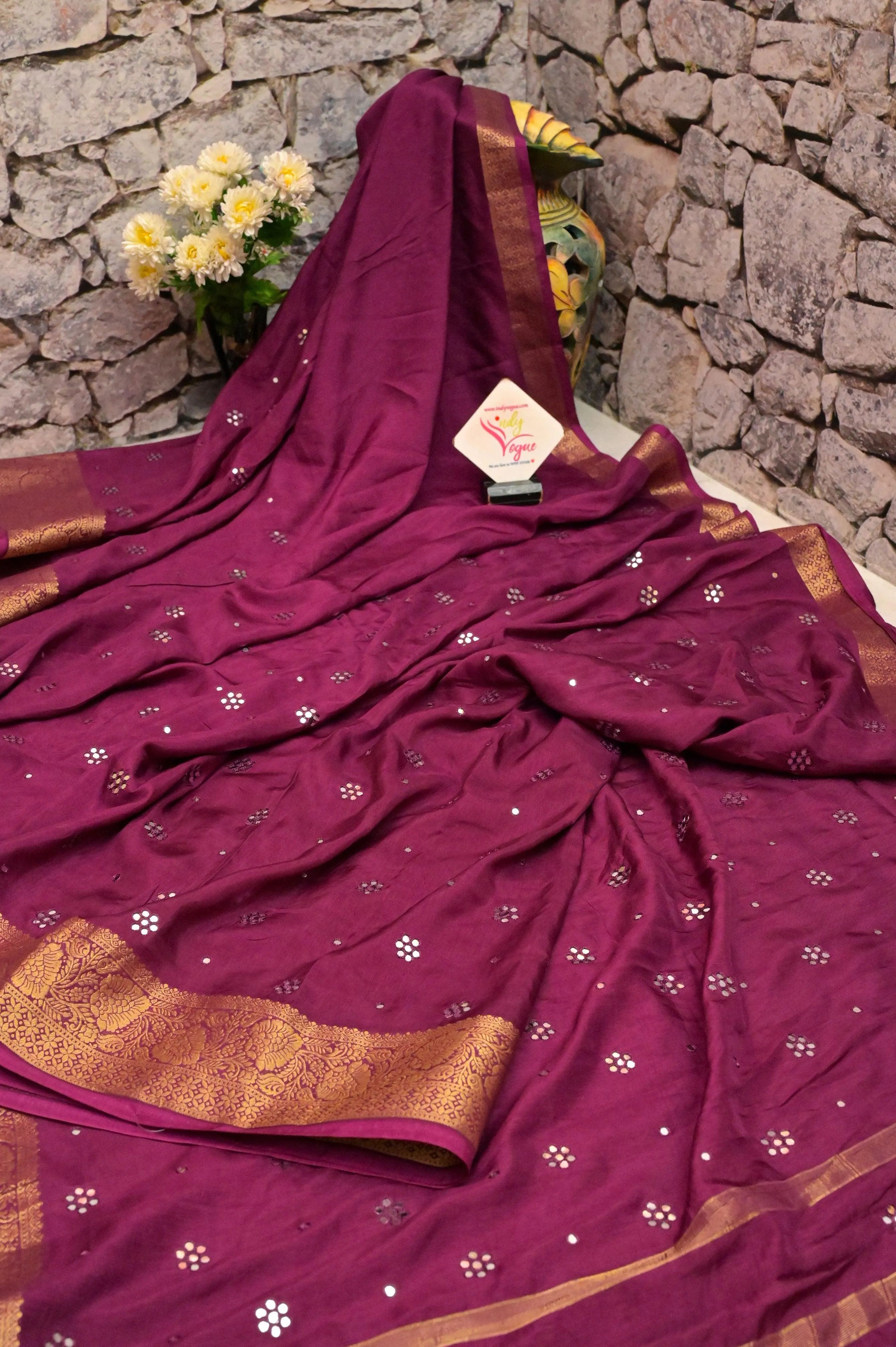 Beetroot Color Chinon Silk Banarasi Saree with Zari Border and Hand Mirror Work