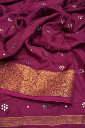 Beetroot Color Chinon Silk Banarasi Saree with Zari Border and Hand Mirror Work