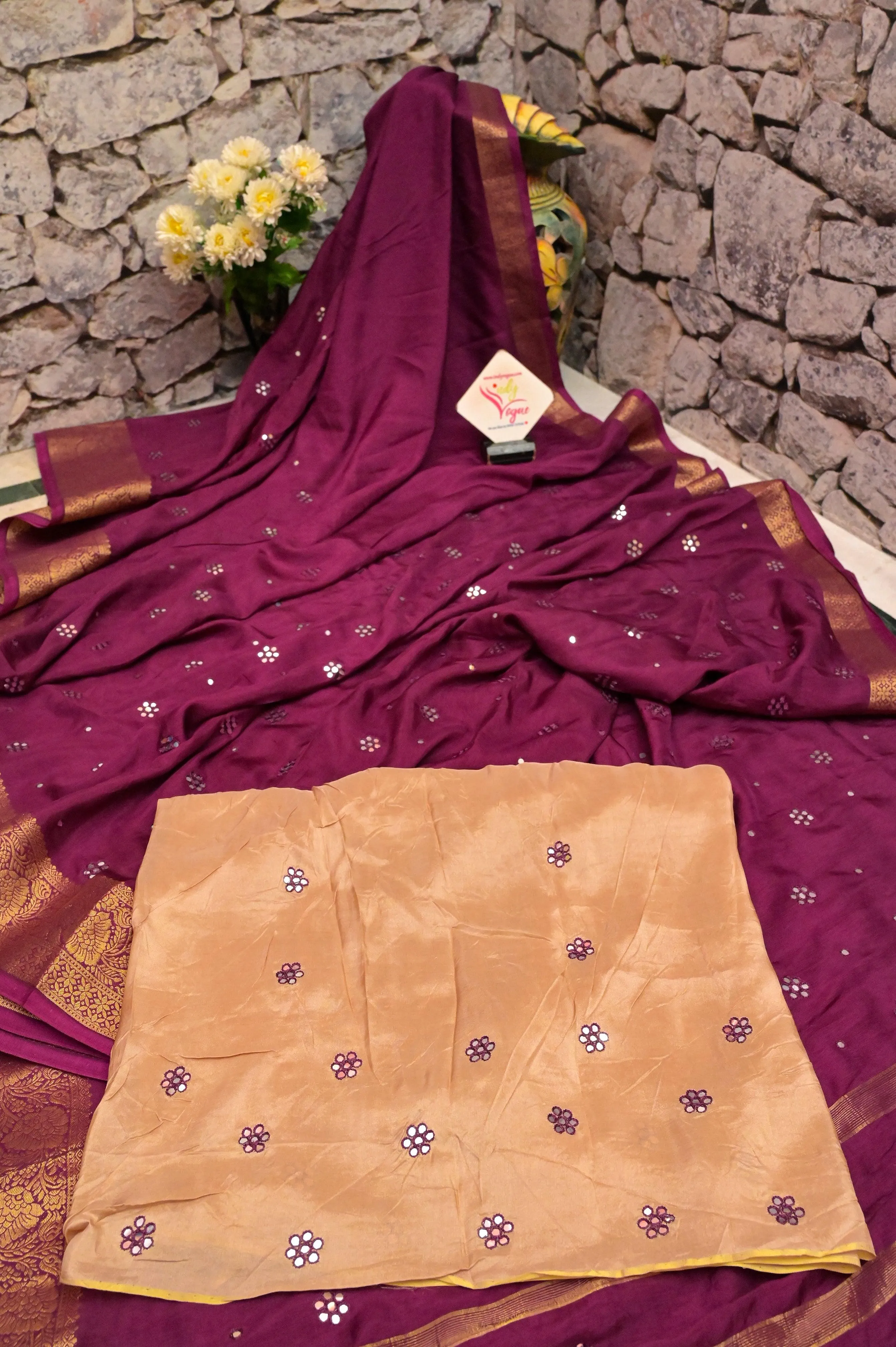 Beetroot Color Chinon Silk Banarasi Saree with Zari Border and Hand Mirror Work