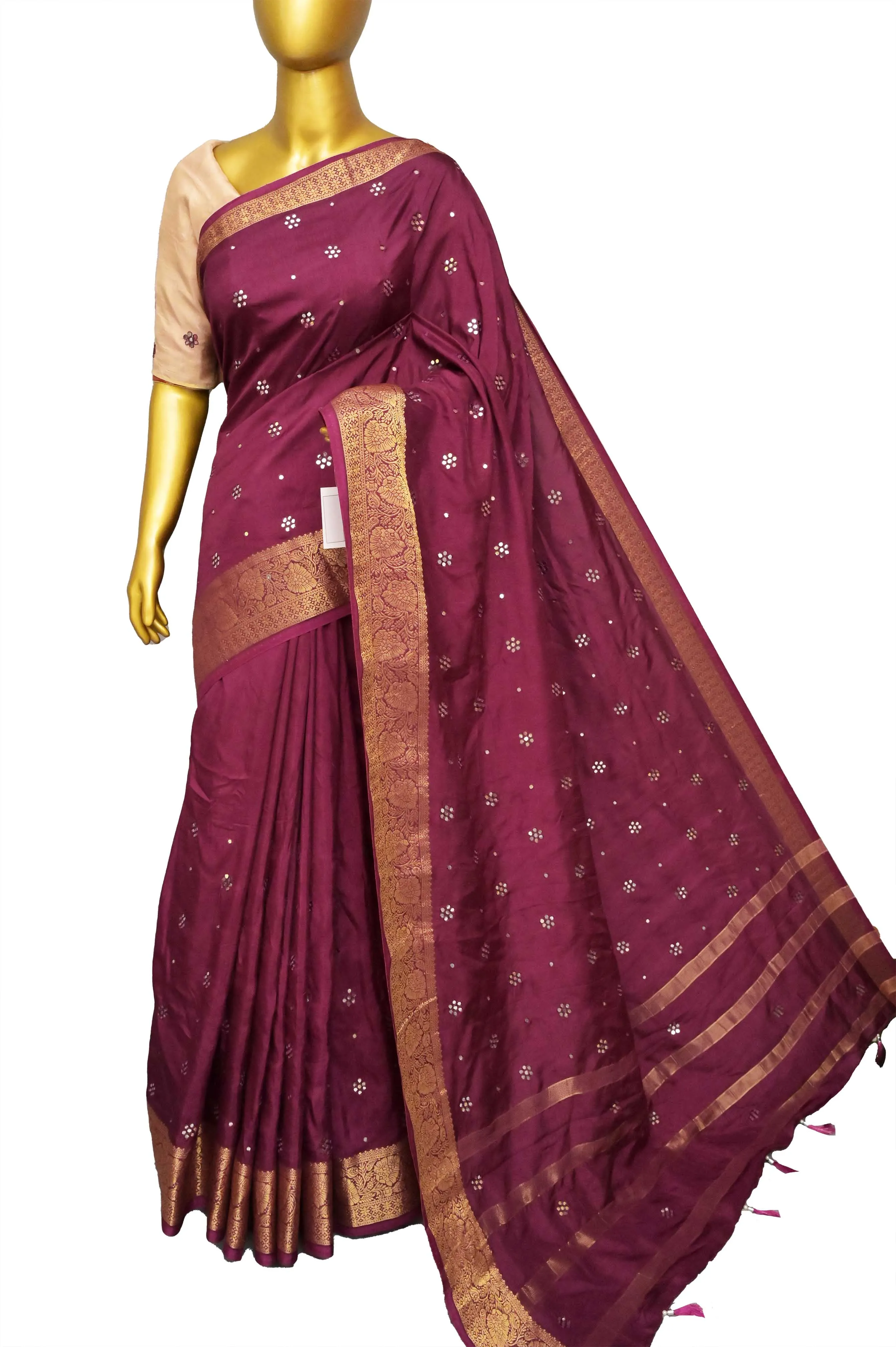 Beetroot Color Chinon Silk Banarasi Saree with Zari Border and Hand Mirror Work