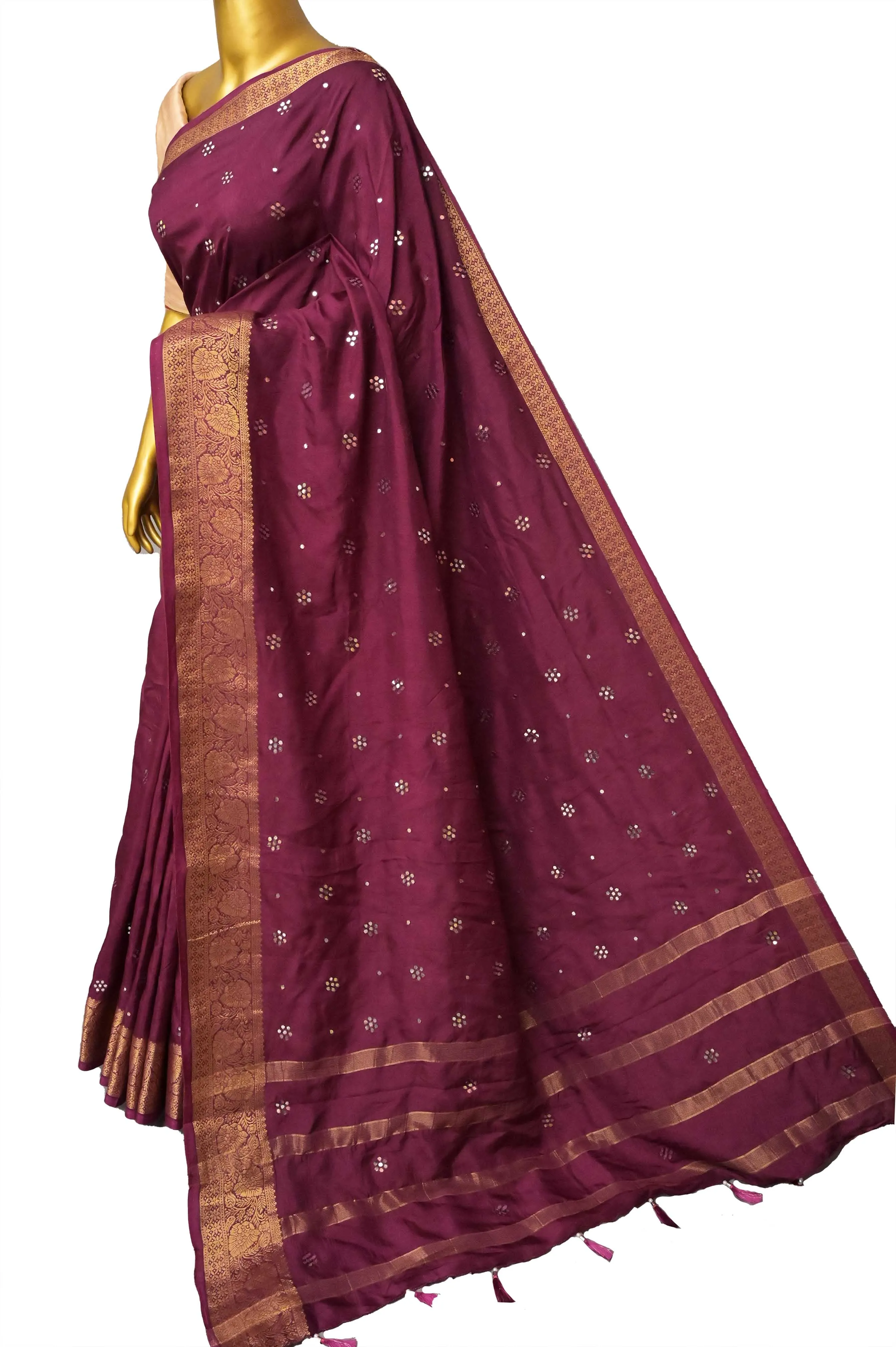 Beetroot Color Chinon Silk Banarasi Saree with Zari Border and Hand Mirror Work