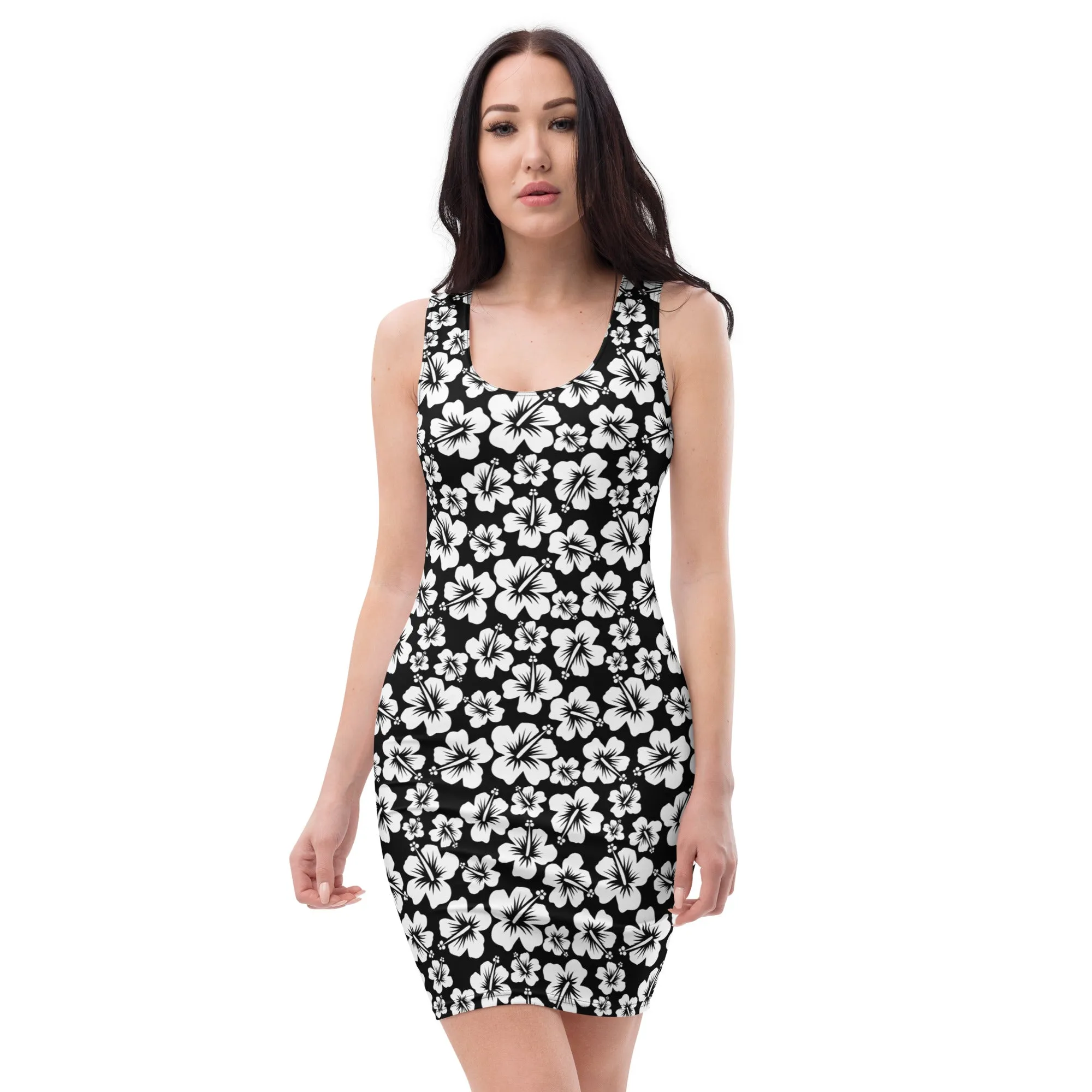 Black Sublimation Dress With White Hibiscus Flowers