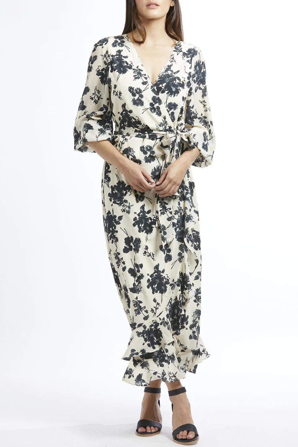 Carried Away Cream Charcoal Floral SS Midi Wrap Dress