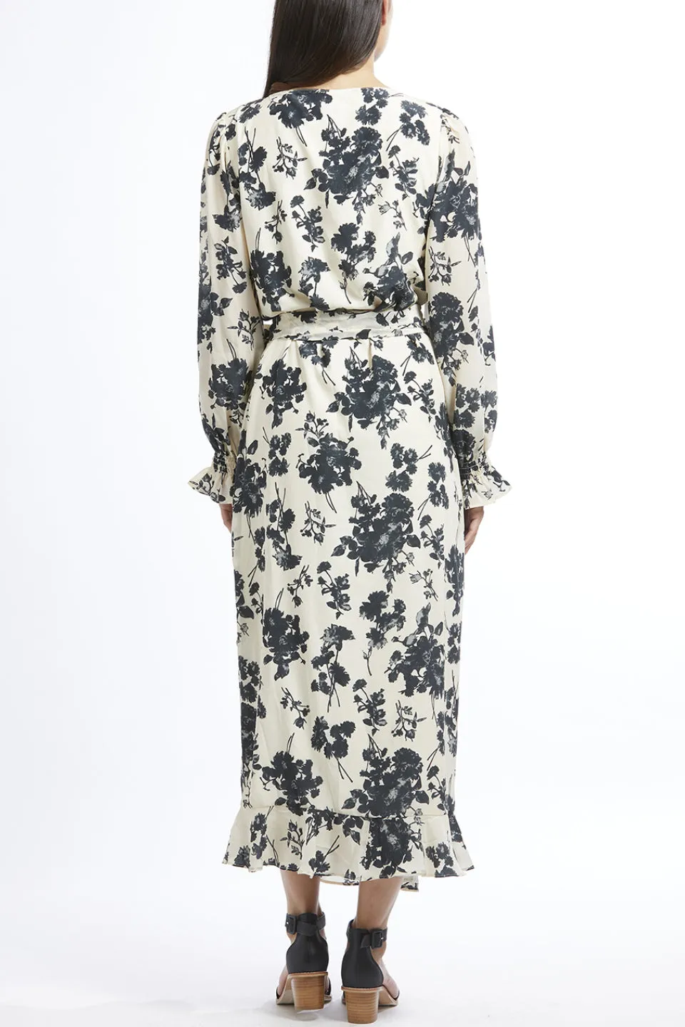 Carried Away Cream Charcoal Floral SS Midi Wrap Dress