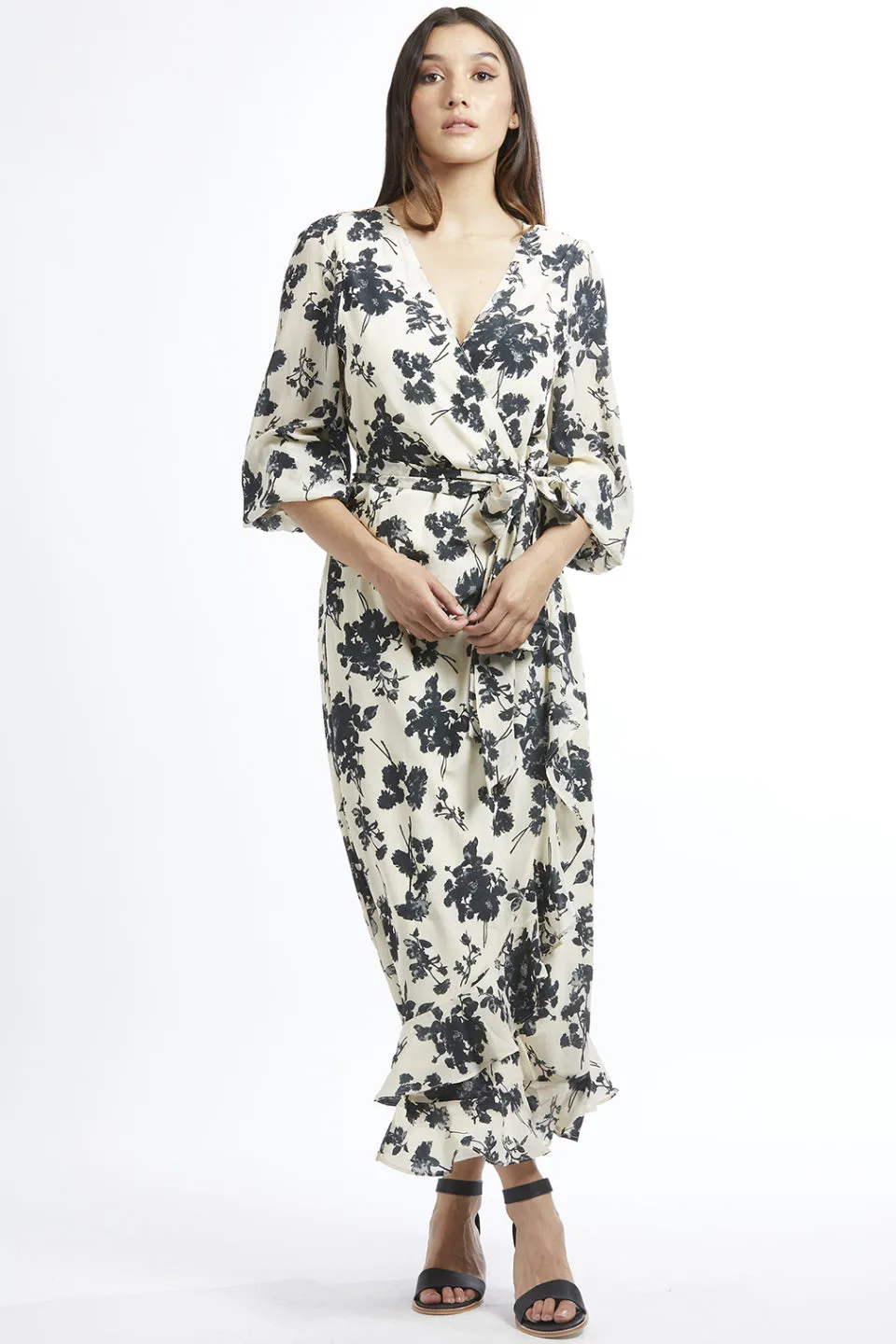 Carried Away Cream Charcoal Floral SS Midi Wrap Dress