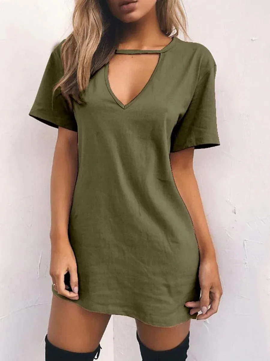 Casual V-Neck T-Shirt Dress for Women - Short Sleeve Loose Fit Mini Dress