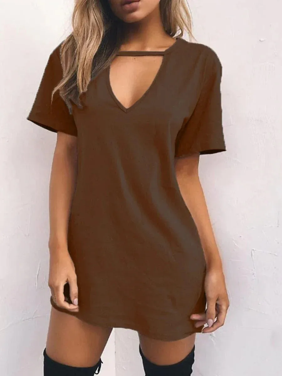 Casual V-Neck T-Shirt Dress for Women - Short Sleeve Loose Fit Mini Dress