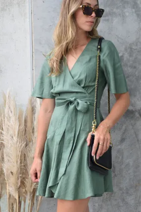 Confidence Pine Flutter Sleeve Linen Wrap Dress