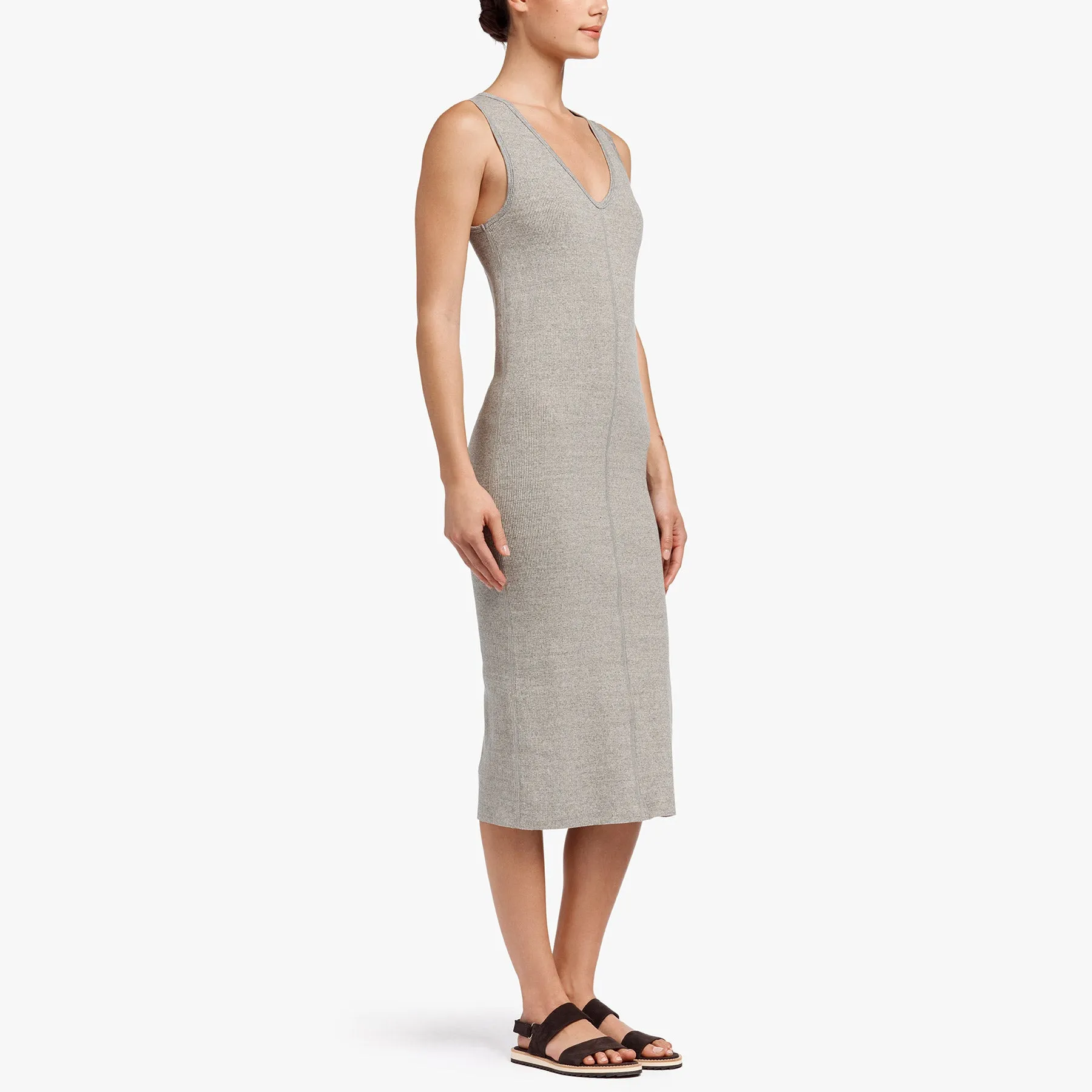 Contrast Binding Fitted Rib Dress - Pale Heather Grey