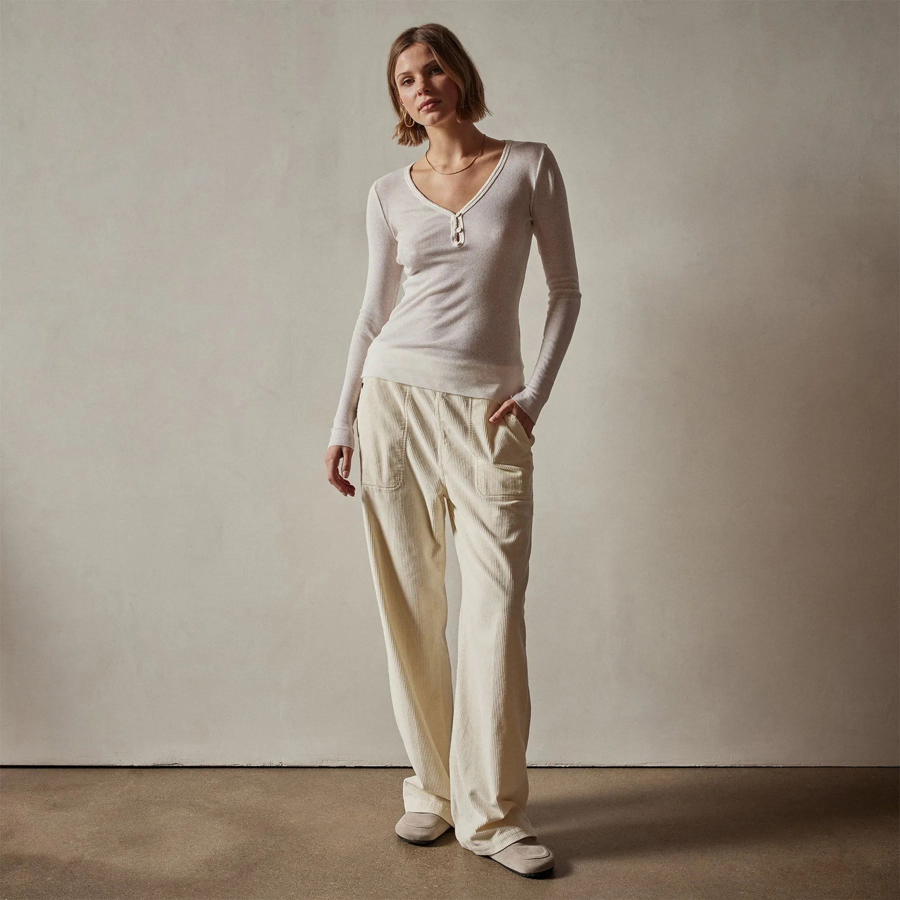 Cotton Cashmere Blend Ribbed Henley - Ivory