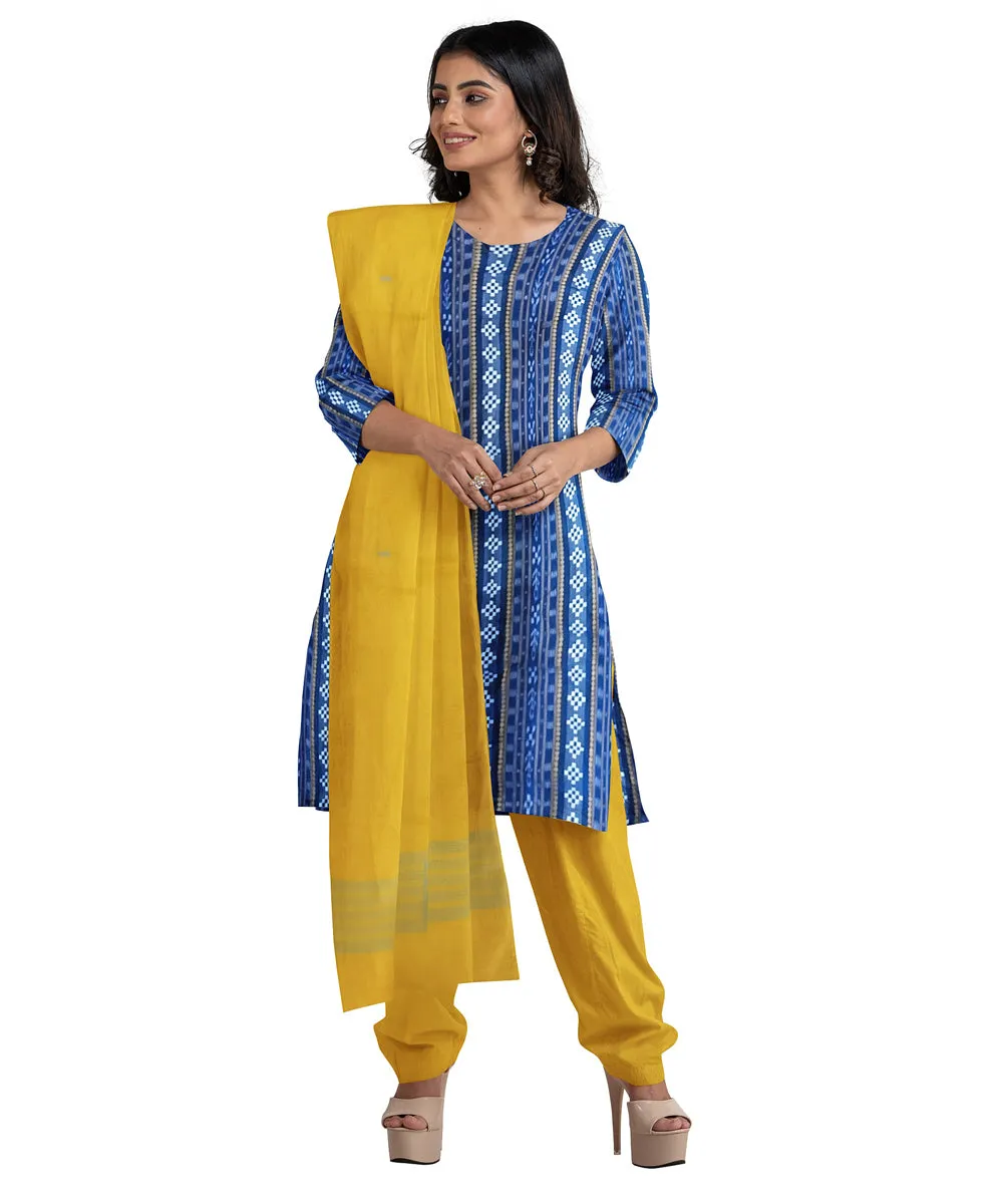 Cyan blue yellow handwoven cotton nuapatna dress material