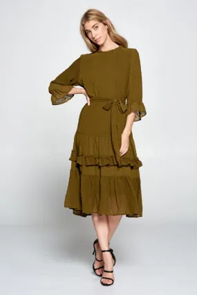 Daria Swiss Dot Tier Midi Dress in Olive