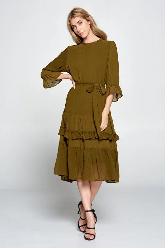 Daria Swiss Dot Tier Midi Dress in Olive