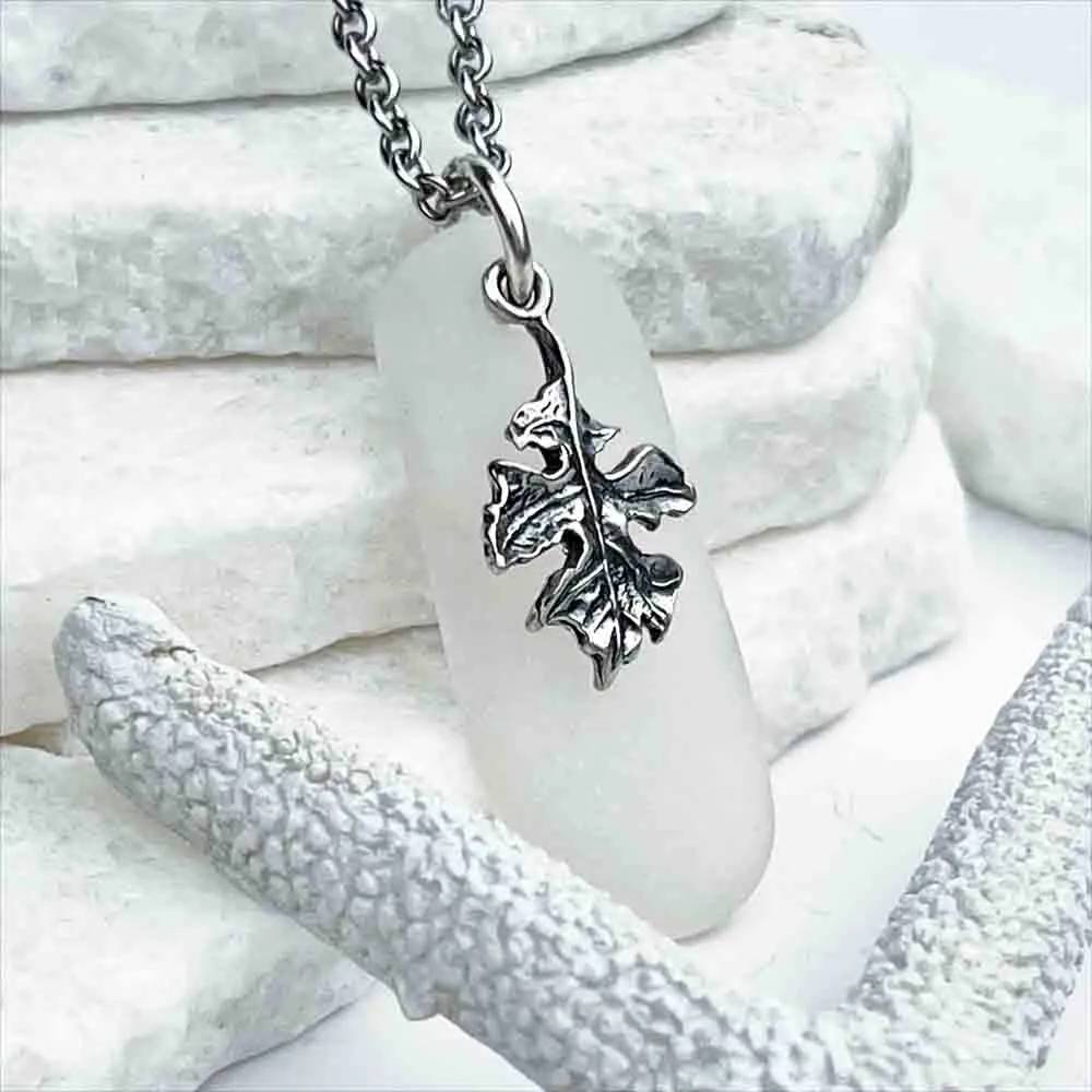 Dazzling, Large Clear Sea Glass Pendant with Sterling Silver Leaf Charm  | #1746