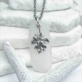 Dazzling, Large Clear Sea Glass Pendant with Sterling Silver Leaf Charm  | #1746