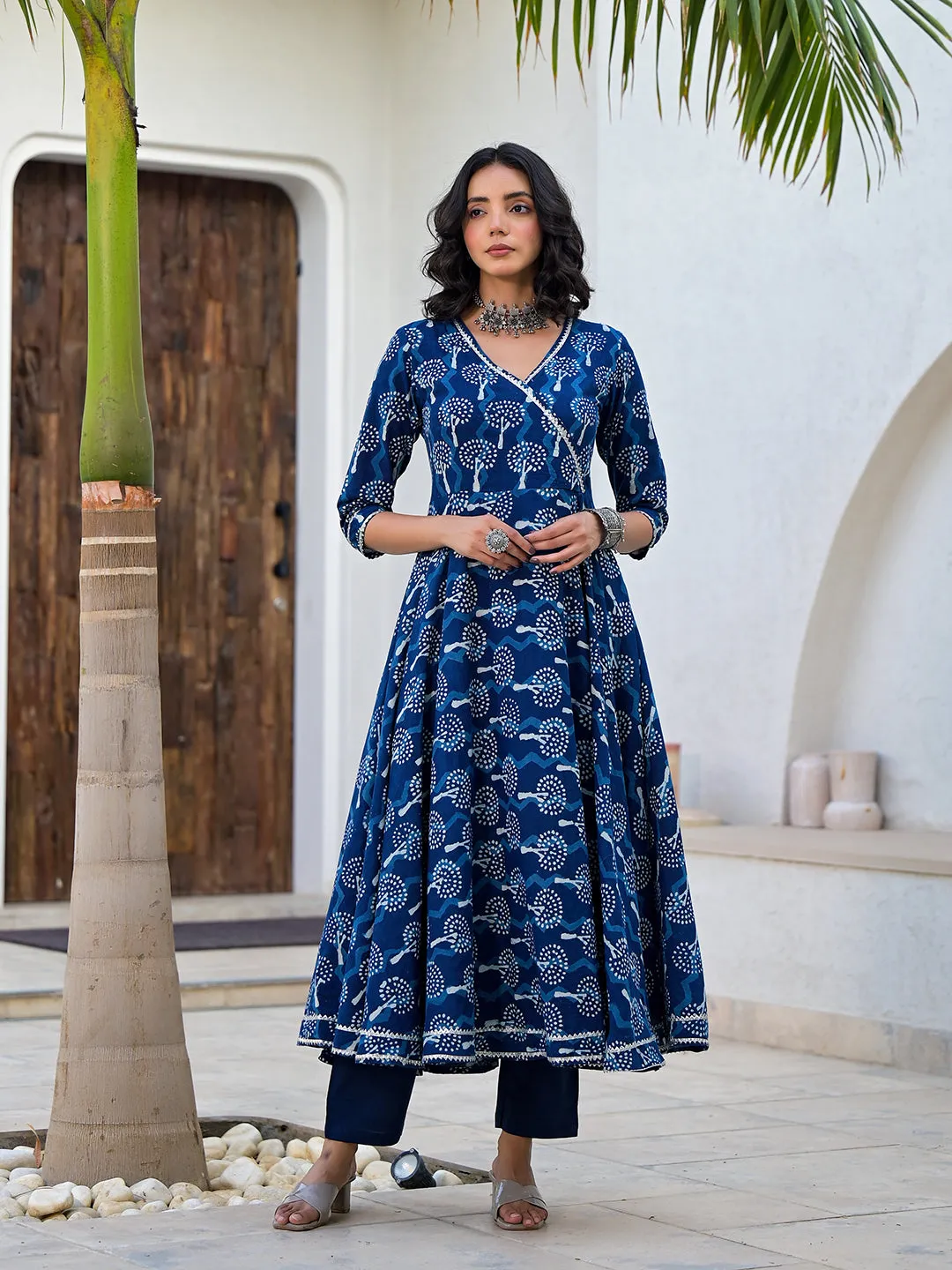 Divena Indigo Blue HandBlock Print Cotton Anarkali Kurta Set with Organza Dupatta