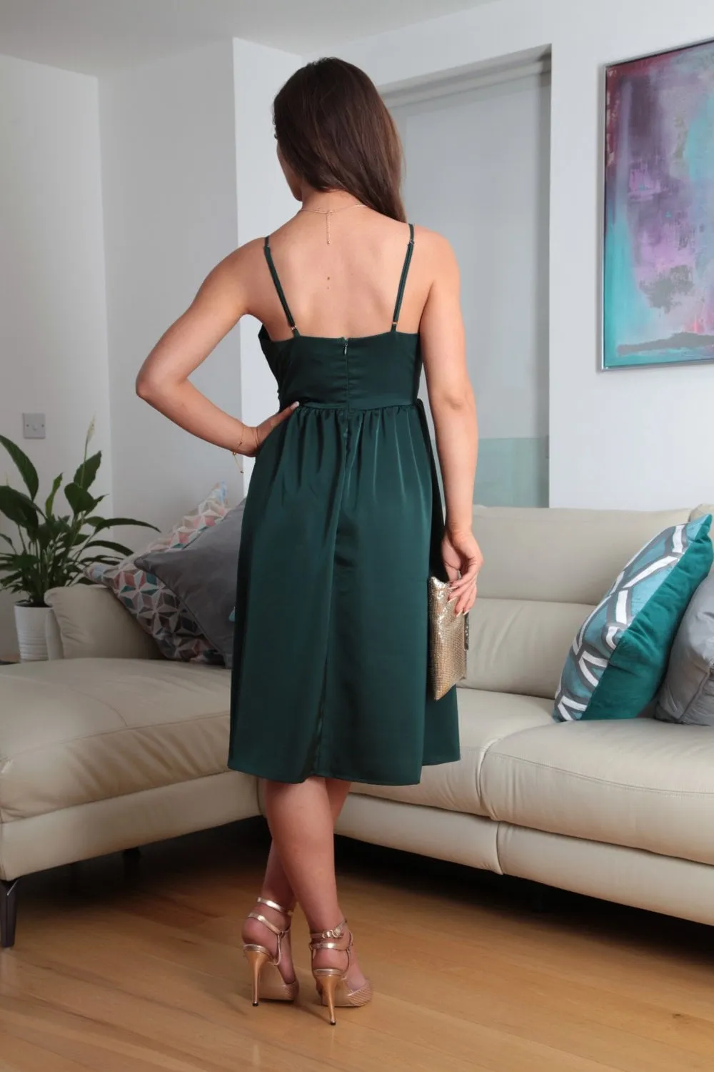 Double Second Green Satin Strappy Wrap Dress