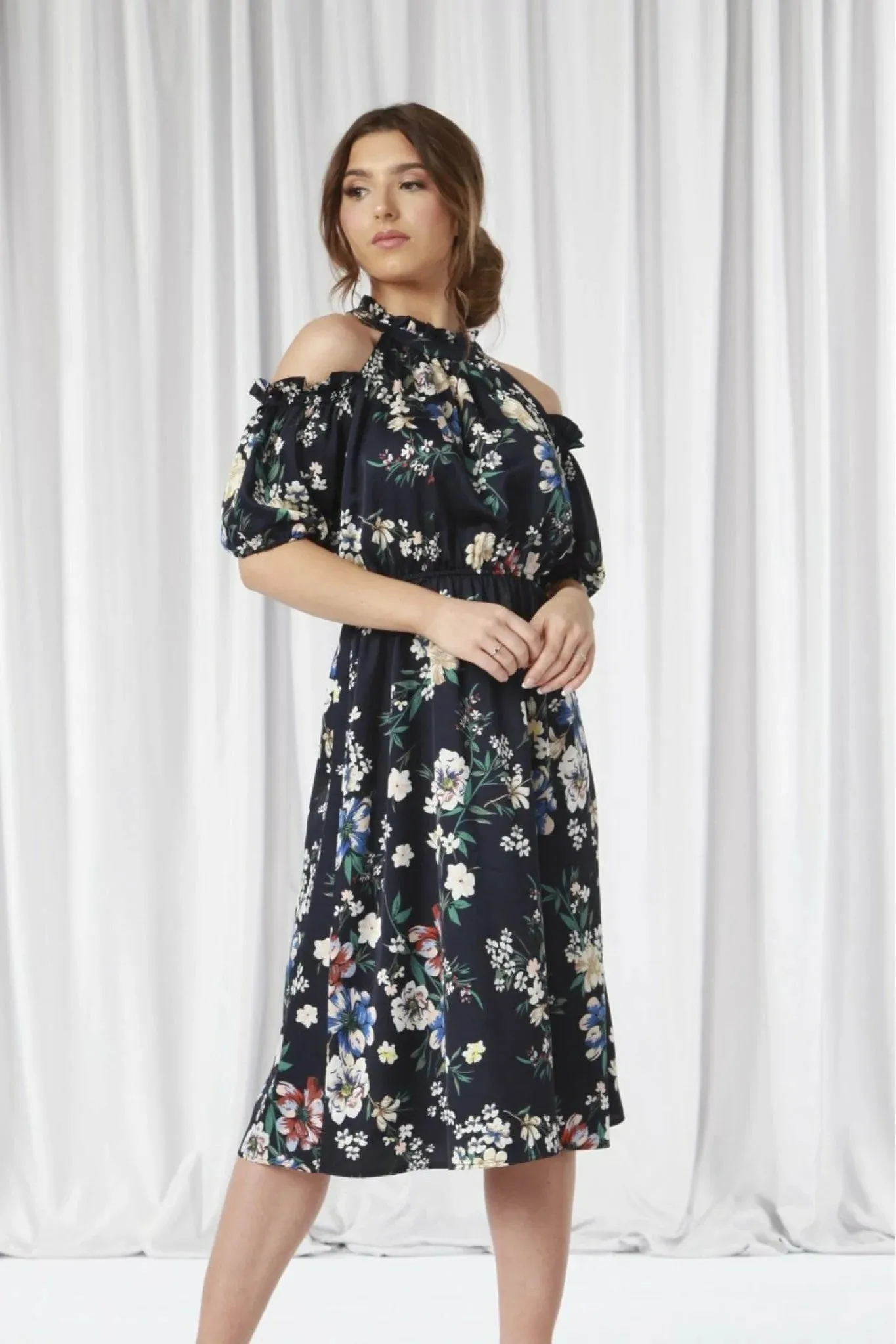 Double Second Printed Cold Shoulder Floral Dress