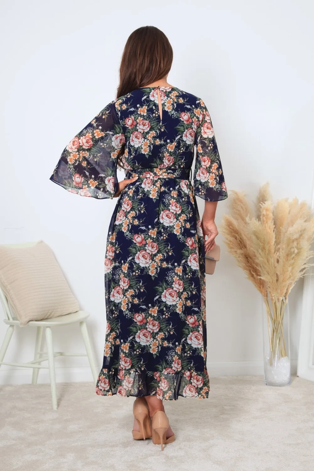 Double Second Printed Navy Wrap Front Butterfly Sleeve Dress