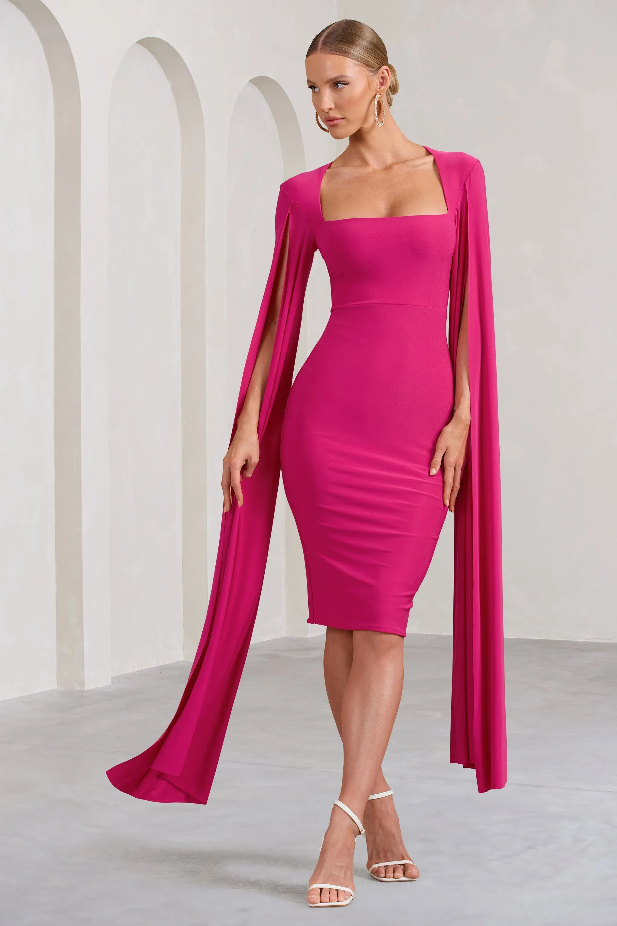 Flawless | Hot Pink Square Neck Midi Dress With Cape Sleeves