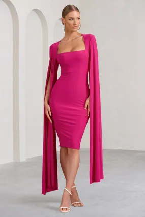 Flawless | Hot Pink Square Neck Midi Dress With Cape Sleeves