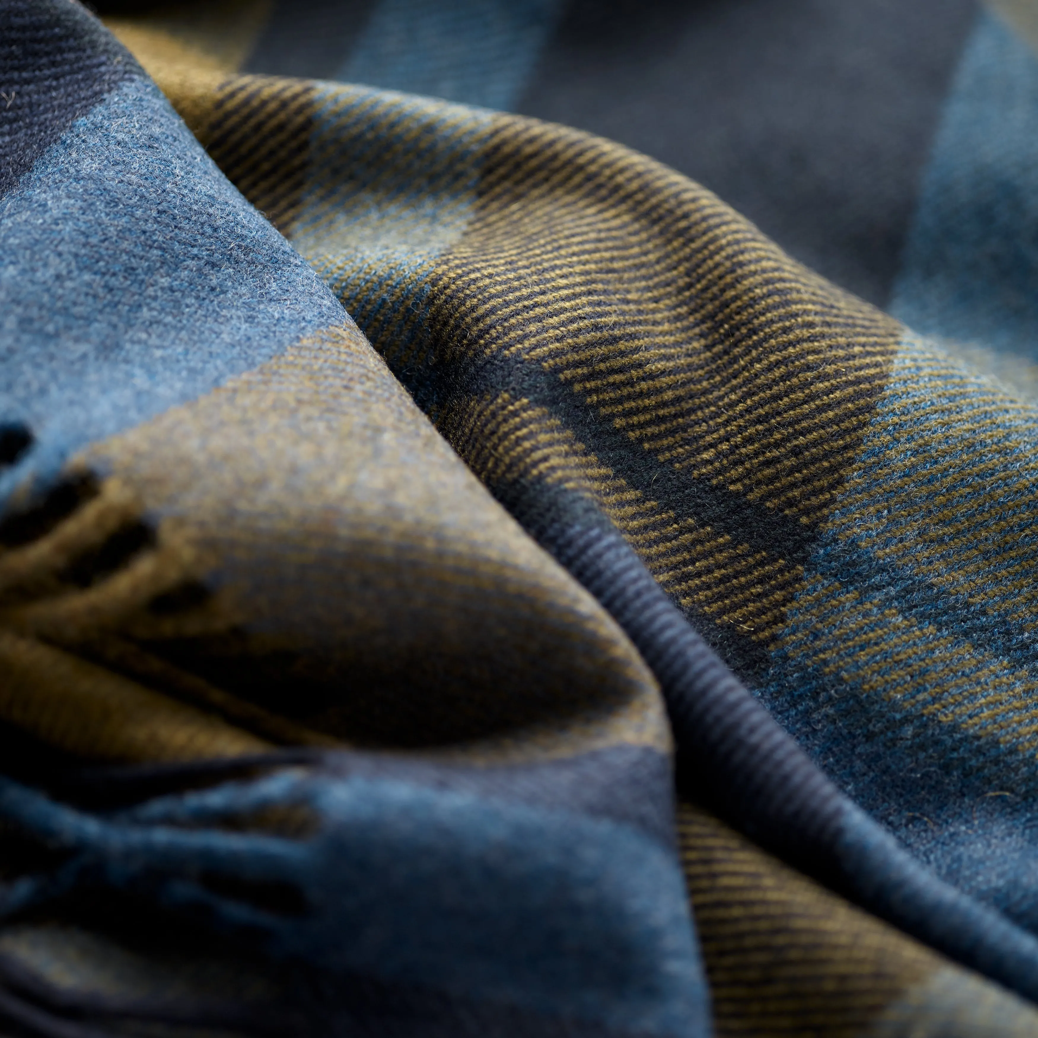 Fox Olive and Blue Check Cashmere & Merino Wool Scarf