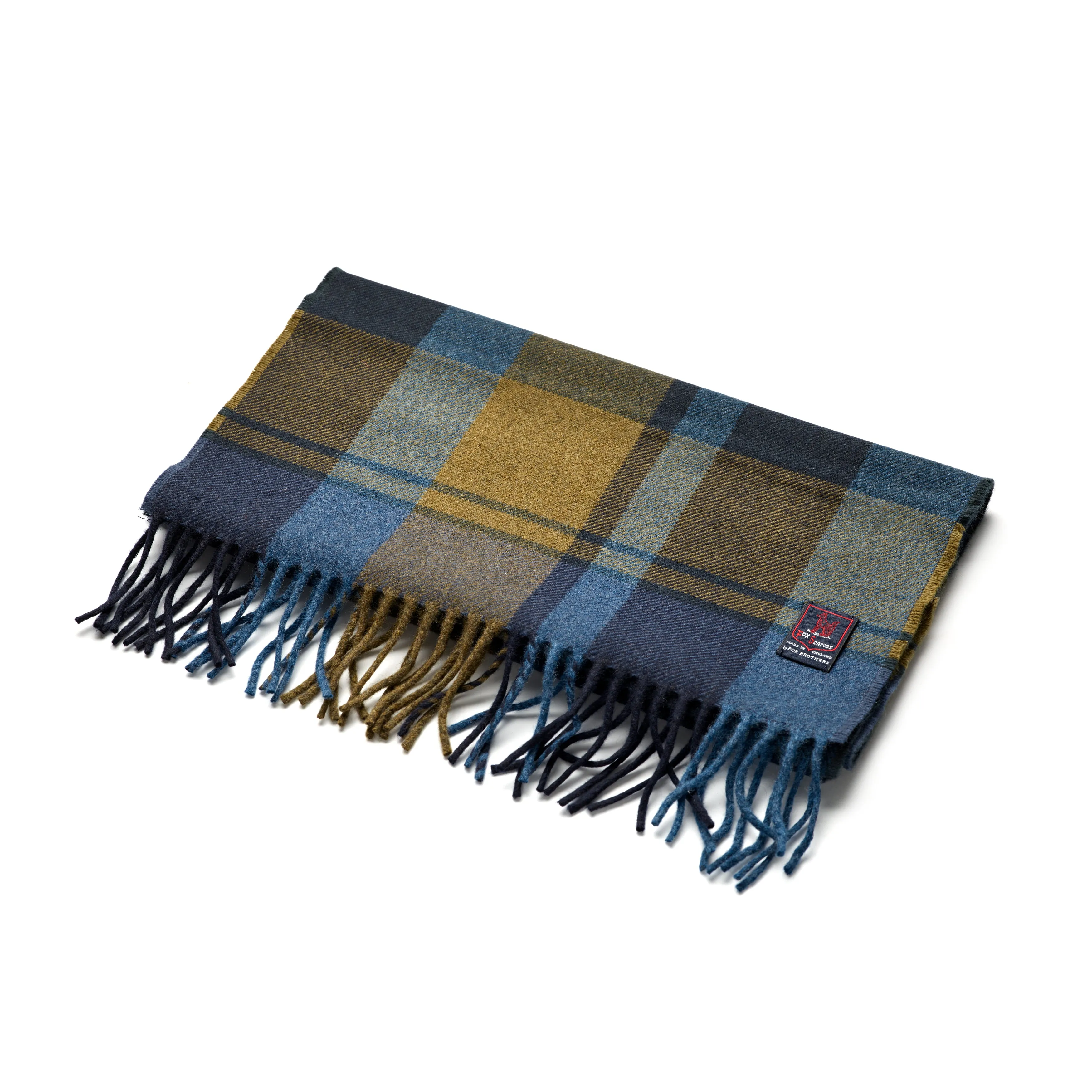 Fox Olive and Blue Check Cashmere & Merino Wool Scarf