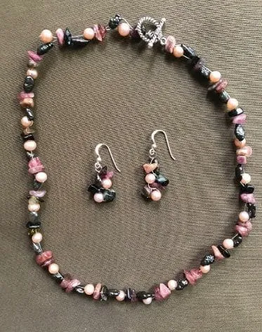 Freshwater pearl and amethyst necklace earring set