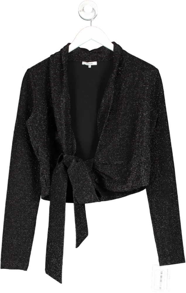 Ganni Black Long Sleeve Wrap Baxter Top UK 10