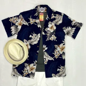 Hibiscus Cotton Aloha Shirt | Navy Blue