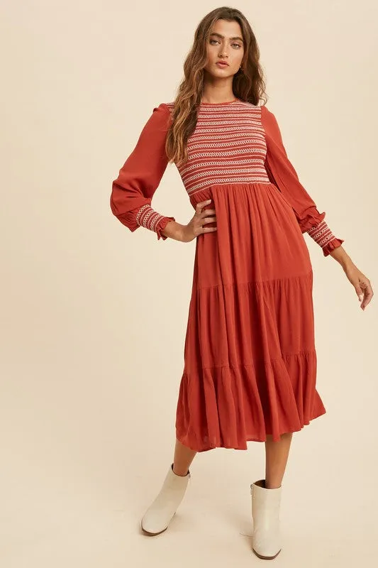 Jamie Smocked Midi Dress in Brick