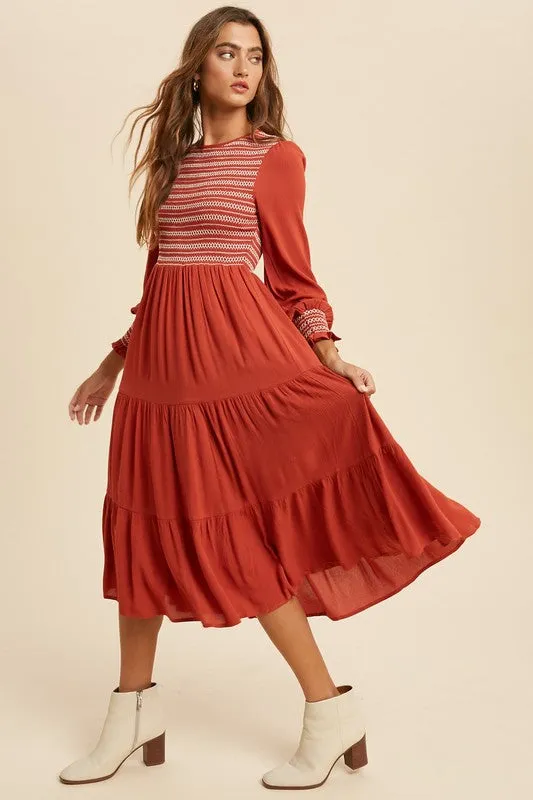 Jamie Smocked Midi Dress in Brick