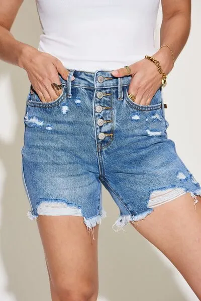 Judy Blue Full Size Ripped Button Fly Bermuda Denim Shorts