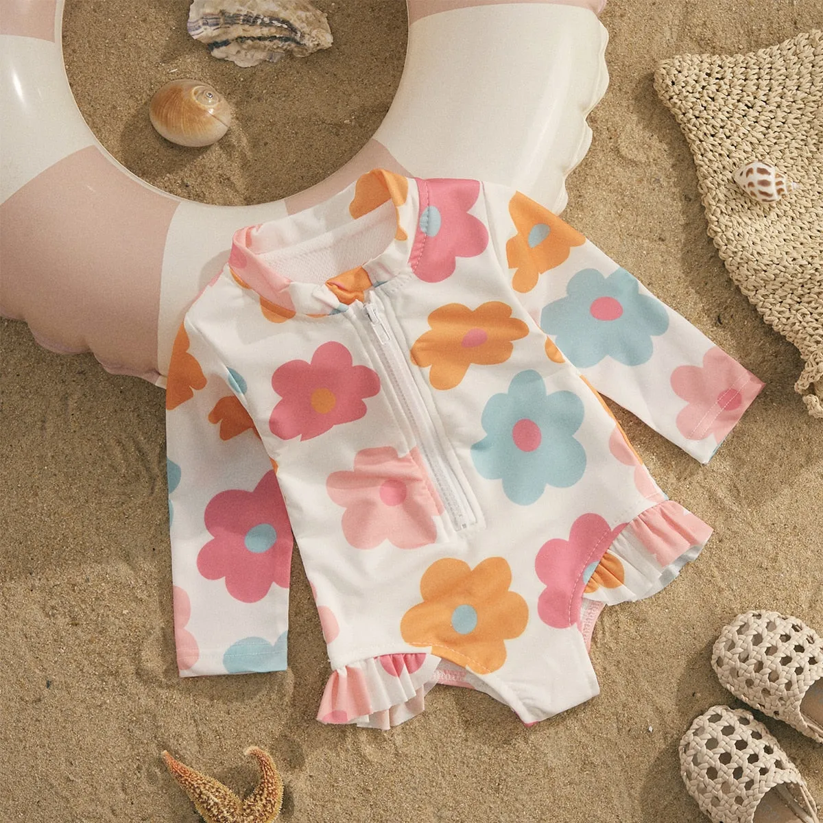 Kids Floral Print Zipper Romper