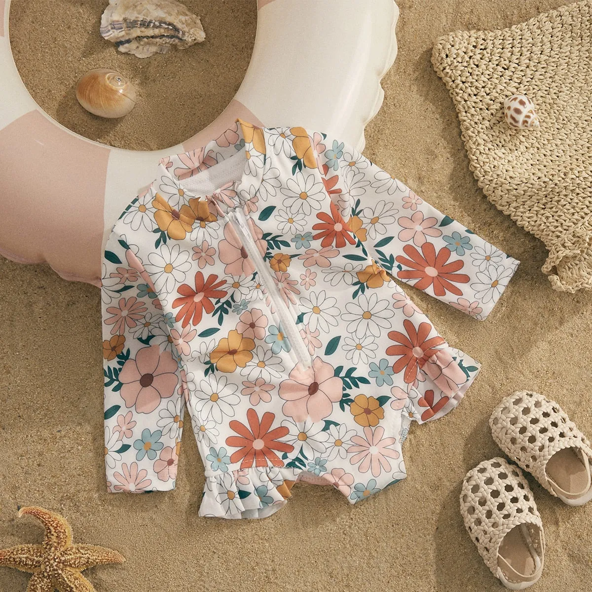 Kids Floral Print Zipper Romper