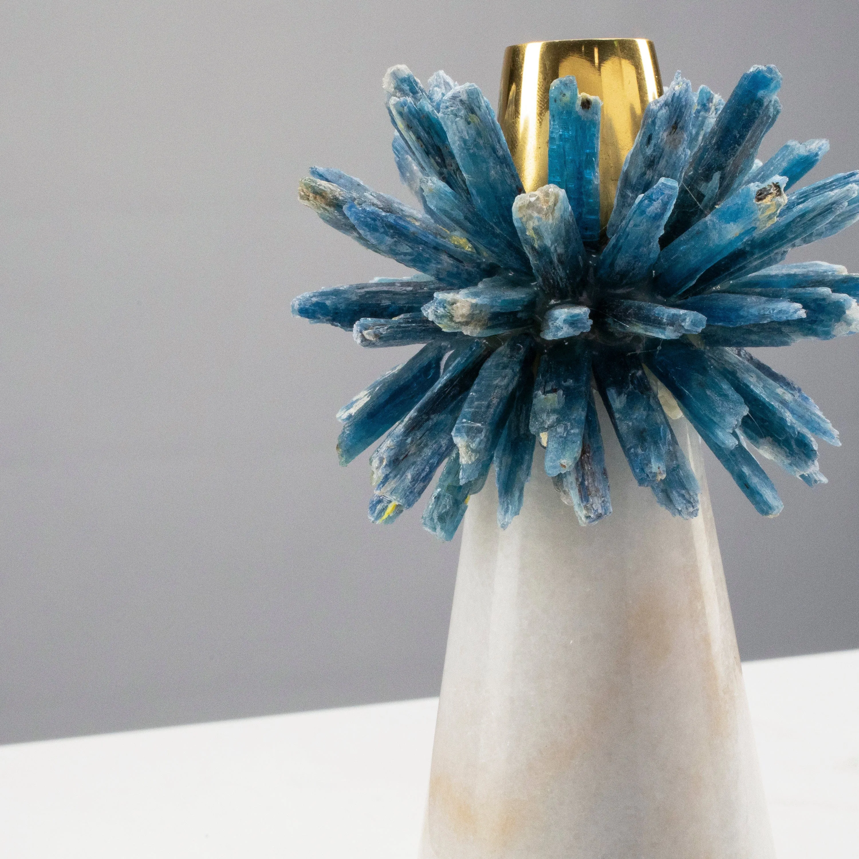 Kyanite Cluster Candle Holder on Marble Base with Brass Ring