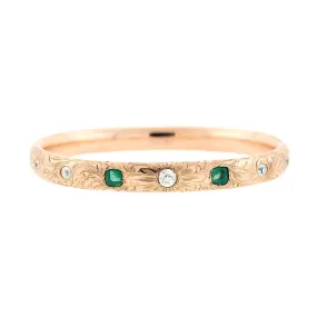 Late Victorian 14k Diamond   Emerald Etched Bangle Bracelet