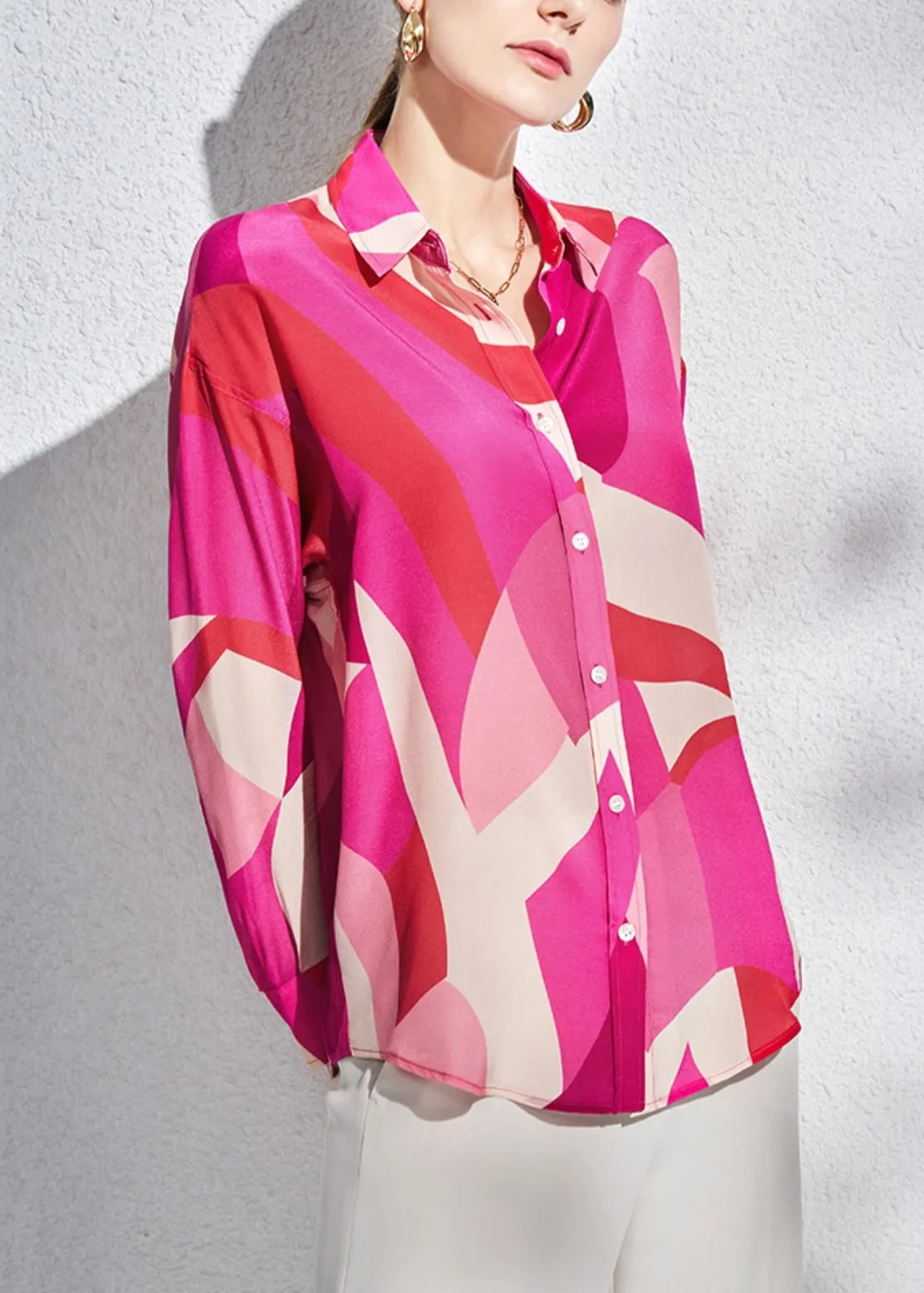 Loose Rose Peter Pan Collar Button Silk Shirts Long Sleeve AB1055