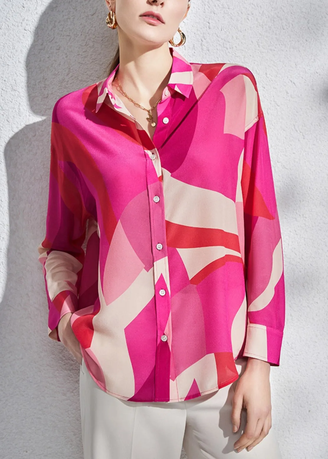 Loose Rose Peter Pan Collar Button Silk Shirts Long Sleeve AB1055